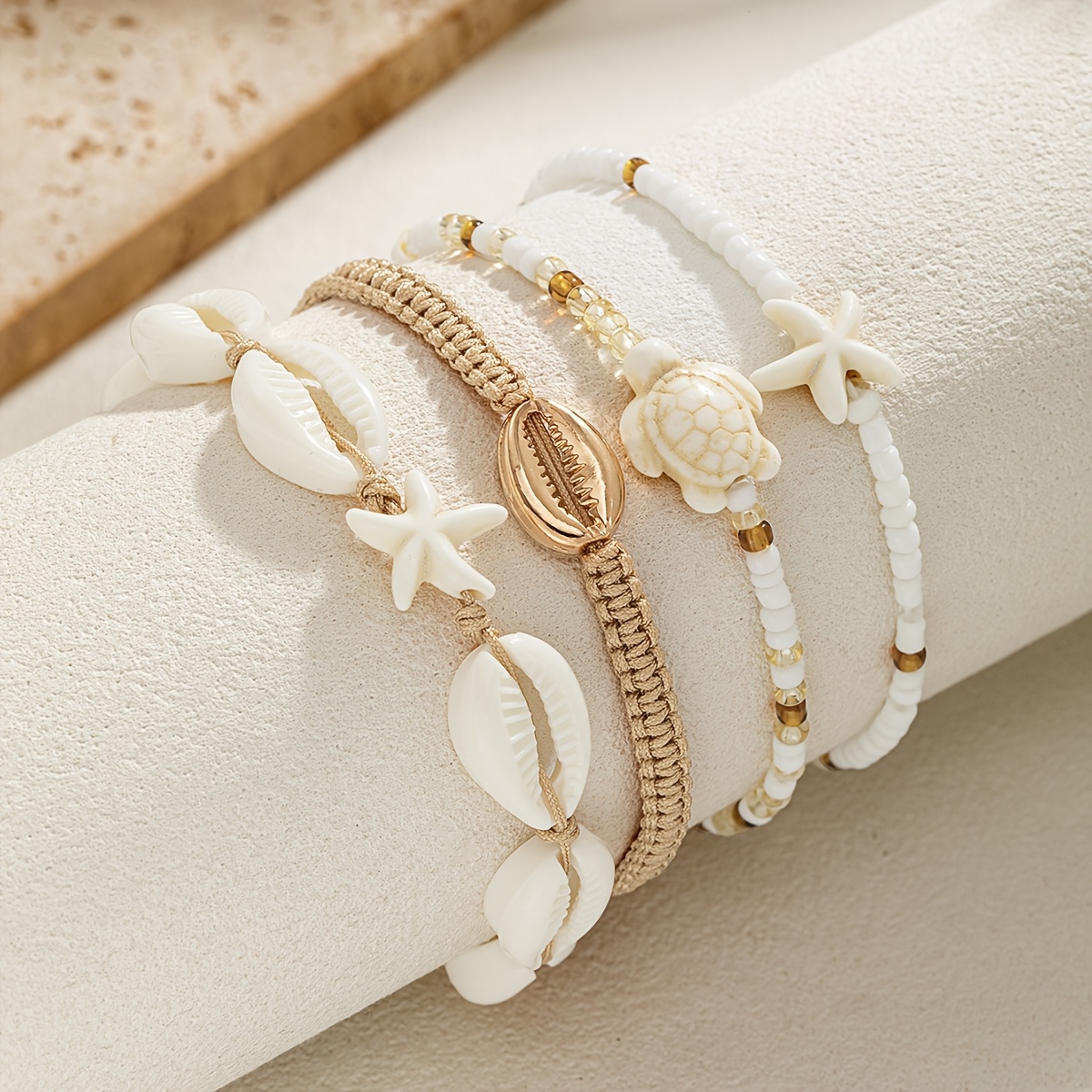 4pcs Bohemian Ocean-Style Turtle Starfish Bead Anklet Set